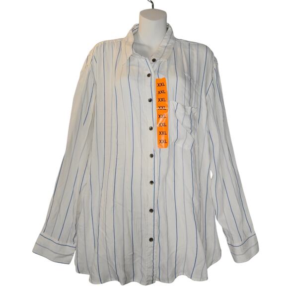 Jach's Girlfriend Womens XXL Button Up Shirt Striped White Blue Flowy Career NWT - Picture 1 of 10
